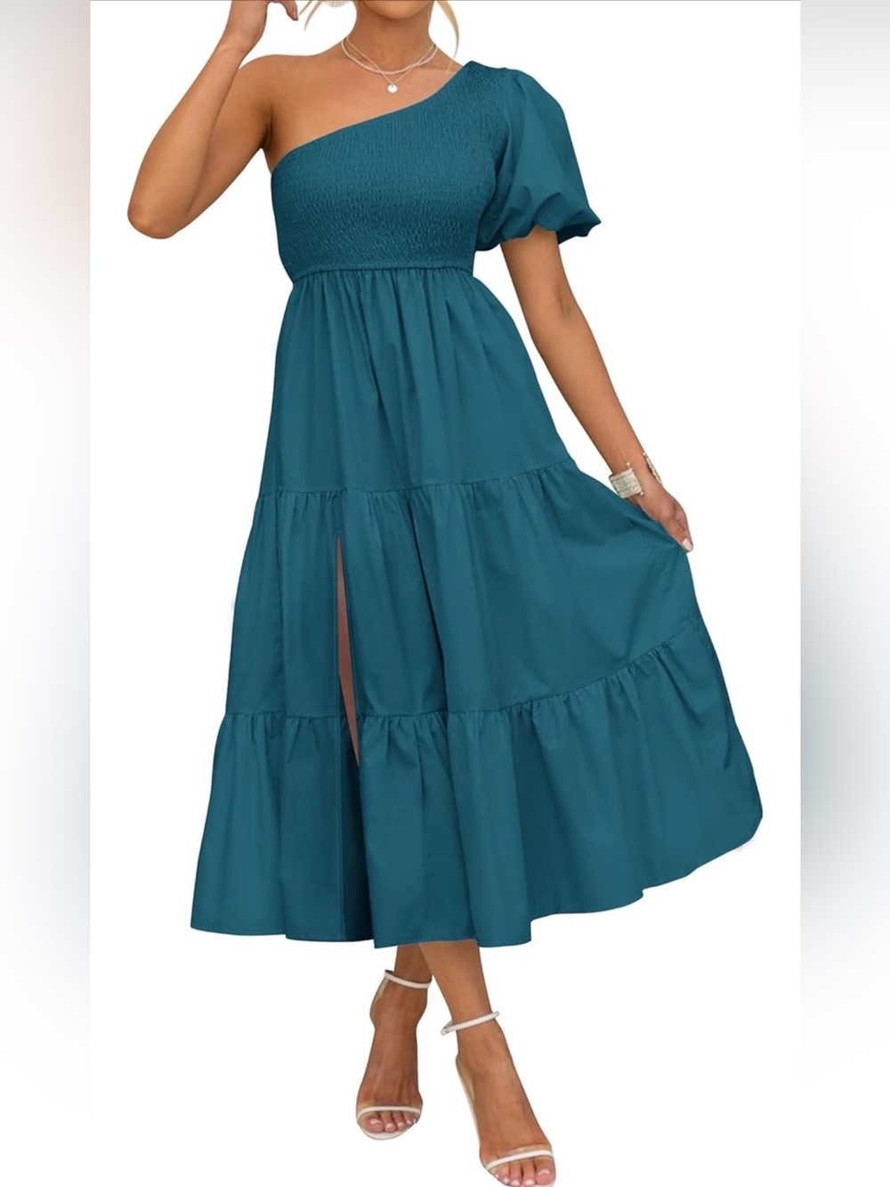 One-Shoulder Teal Tiered Midi Dress